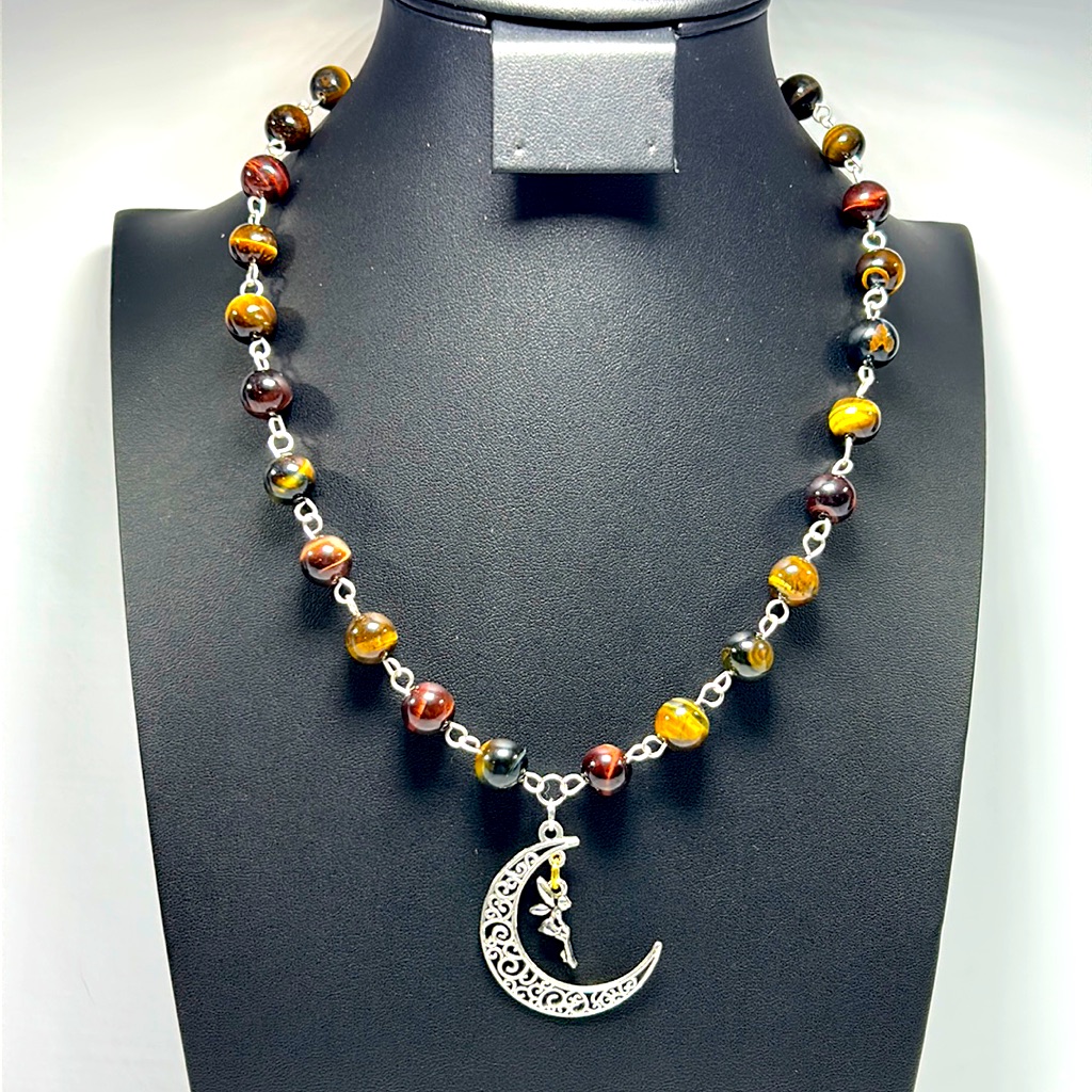 Handmade Filigree Moon & Ferry Necklace With Natural Tiger Eye Stones!